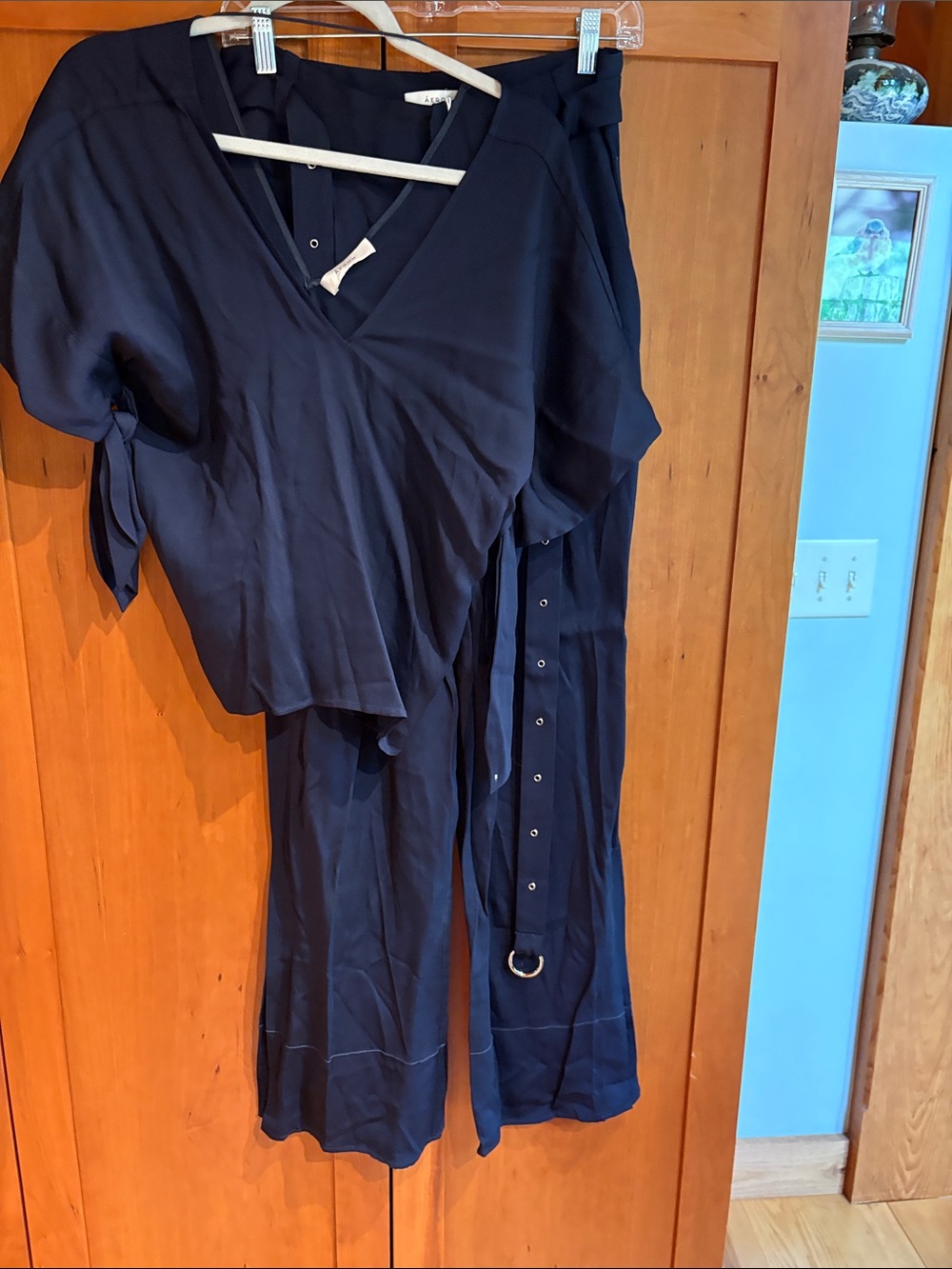 Aeron Navy V-Neck Wide-Leg Pantsuit with Belt